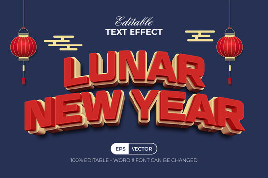 Lunar New Year Editable Text Effect 3D Curved Style With Lantern And Cloud.
