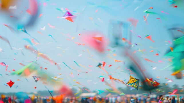 Vibrant kites in a hazy aerial display of colorful shapes and patterns at an outdoor kite festival, symbolizing celebration, recreation and community event concepts.
