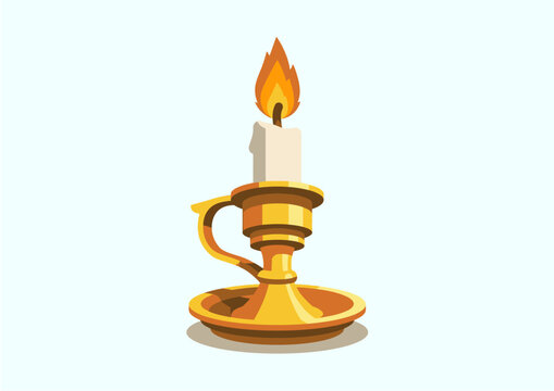 Burning candle in a vintage brass candlestick holder vector illustration isolated on light background