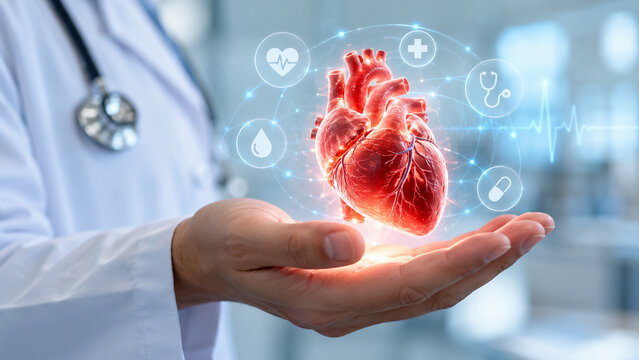 Doctor holding glowing human heart hologram with medical healthcare technology icons. Concept of human hand, cardiology. Copy space.