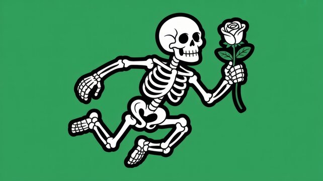 A stylized illustration of a running skeleton holding a single rose against a vibrant green backdrop.