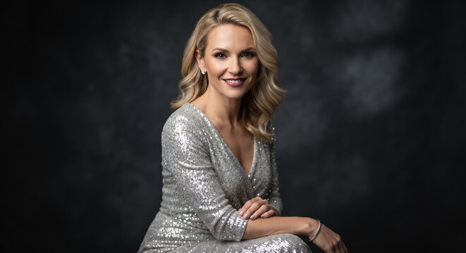 Elegant blonde woman smiling in sparkling silver sequin dress at studio portrait. Concept of glamour portrait, elegant lady. Copy space.