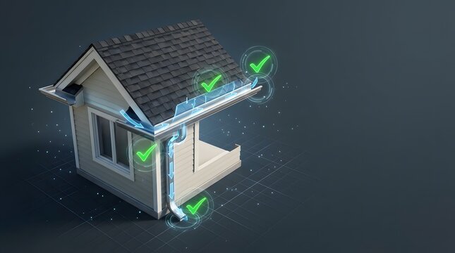 3D Isometric House Model Showing Roof Drainage Gutter System Inspection and Maintenance