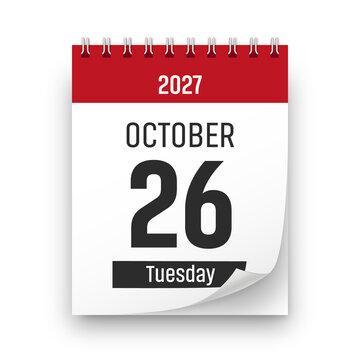 Date 26 October 2027 year realistic calendar day page design. October 26 transparent png