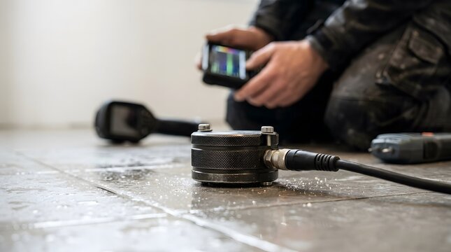 Acoustic ground microphone sensor for professional water leak detection on tiled floor