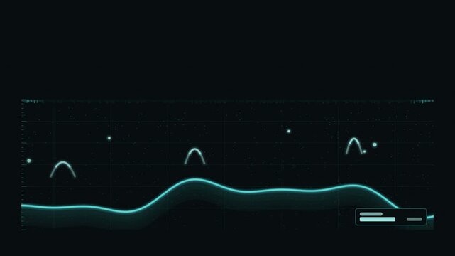 Seamless 4K looping sonar animation: fish arch targets in water. Glowing vector echo sounder screen in teal and cyan on a dark instrument background, with depth scale, range grid and blank readout pan