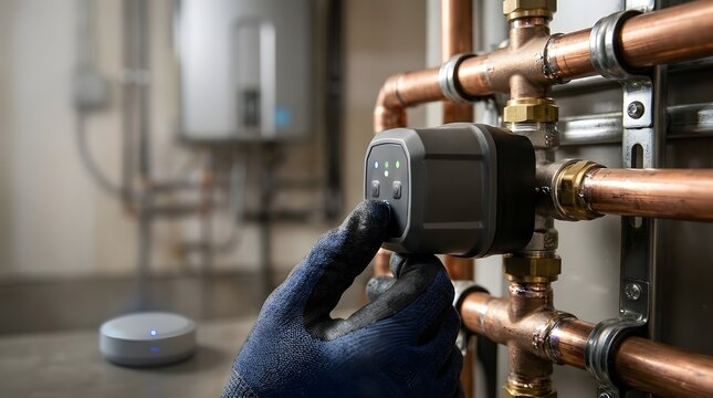 Professional Plumber Adjusting Smart Water Valve on Copper Pipes for Home Automation System