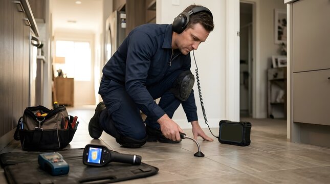 Professional plumber using electronic water leak detection equipment on residential kitchen floor