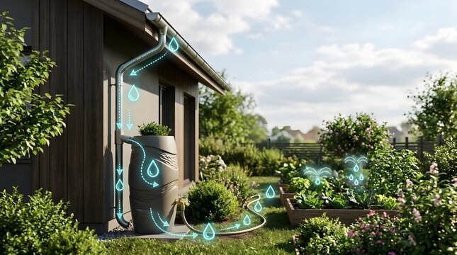 Sustainable rainwater harvesting system with barrel and garden irrigation for eco-friendly living