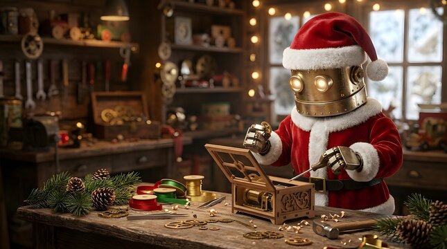 Steampunk Robot Santa Claus Assembling Vintage Wooden Music Box in Cozy Festive Workshop