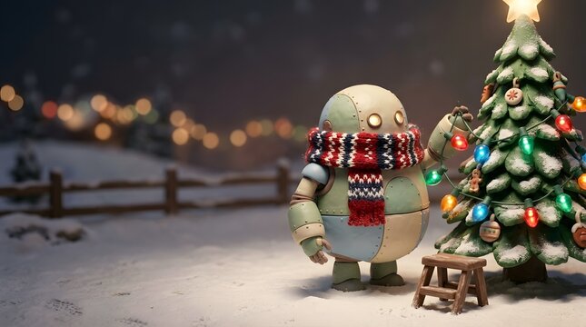 Cute robot wearing scarf decorating Christmas tree in snowy winter night landscape
