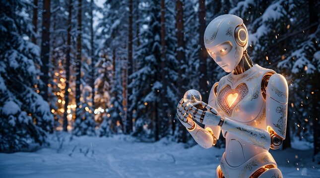 Futuristic Elegant White Robot Holding Snow Globe in Snowy Winter Pine Forest