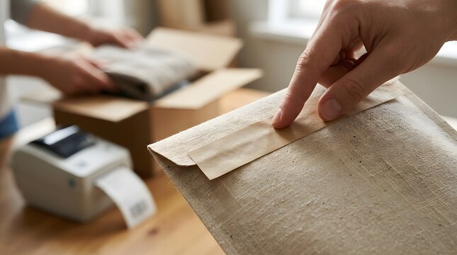 Close up of hand sealing sustainable fabric envelope for eco-friendly e-commerce shipping
