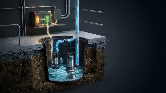 Submersible sump pump system in basement with battery backup and water flow illustration