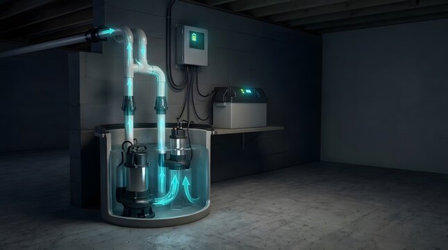 Automatic basement sump pump system with battery backup and water flow visualization
