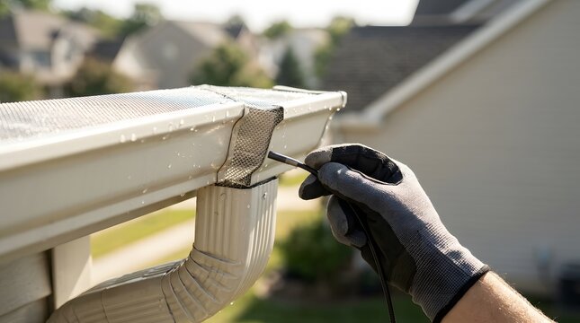 Professional technician inspecting rain gutter with endoscope camera for maintenance service