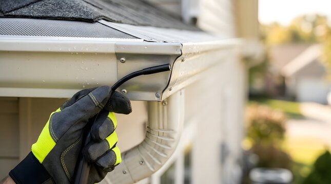 Professional technician inspecting residential roof gutter system with digital endoscope camera