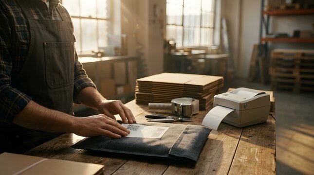 Warehouse worker applying shipping label to a mailer in a sunlit distribution center