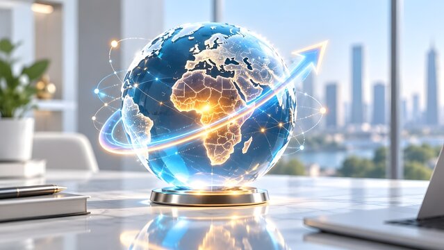 Glowing digital earth globe with a rising orange and blue arrow wrapped around it on a modern desk representing global business growth and international market success.