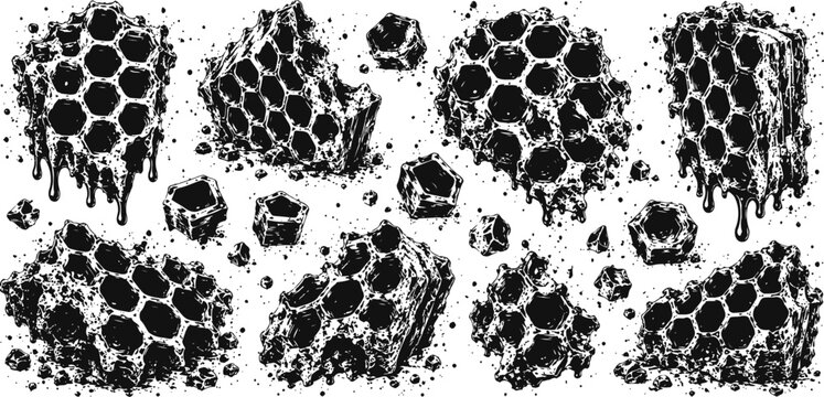 Black honeycomb pieces with dripping honey and hexagonal cells set grunge ink drawing with splatters and texture