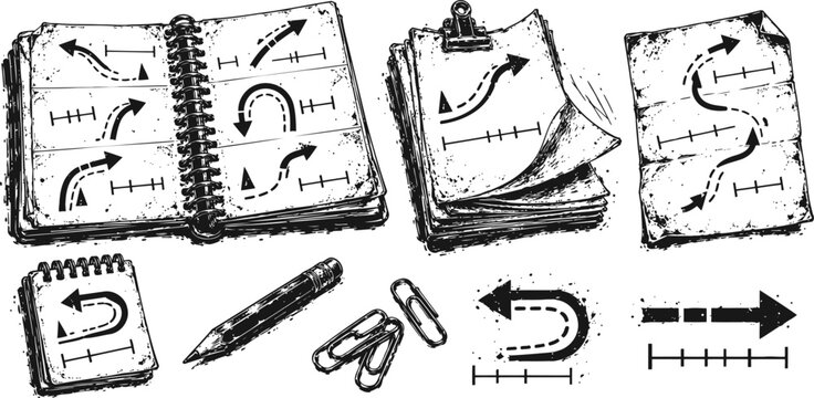 Hand drawn navigation arrows and direction signs set with notepads, pencil, and paper clips in sketch
