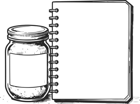 hand drawn illustration of a glass jar with label and spiral notebook with blank pages