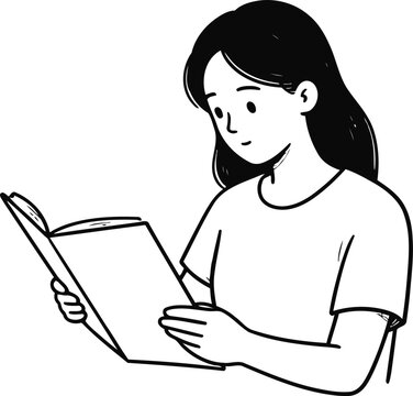 Young woman reading book attentively black and white line art illustration of thoughtful girl with long hair