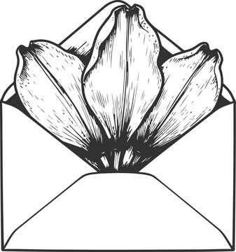 Hand drawn envelope with flower petals inside vintage floral design elements for greeting, invitation, card decoration