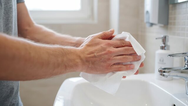 Close-up of a person drying hands with a white paper towel in a bathroom