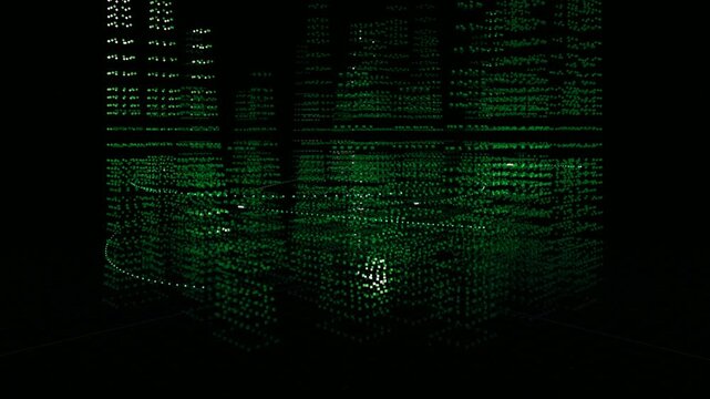 Digital Matrix of Code: A mesmerizing cascade of green binary code flows through a dark, abstract digital space, evoking the essence of technology and information.