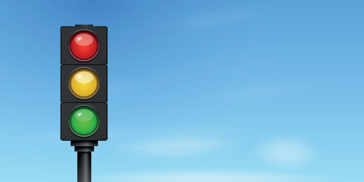 Traffic Light Banner with Red, Yellow and Green Signals. 3d Vector Traffic Light Banner for Road Safety and Driving. Traffic Light Banner Vector Illustration with Blue Sky and Copy Space