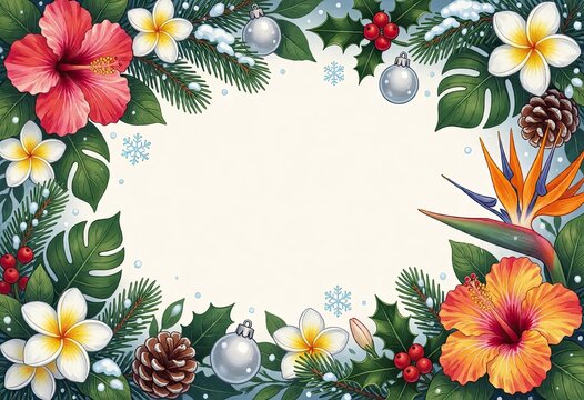 Colorful tropical flowers and festive ornaments frame a holiday scene with snowflakes and pinecones