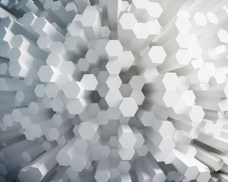 Dense bursting white hexagonal columns in geometric pattern. 3D Rendering