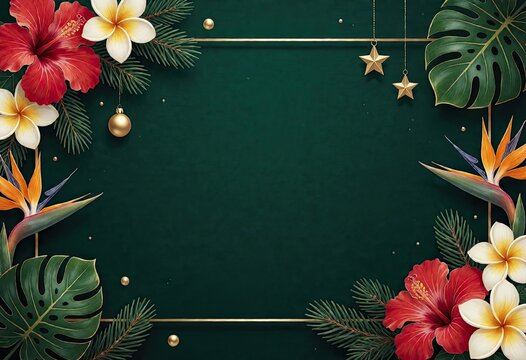 Tropical flowers and leaves decorate green background with gold stars hanging