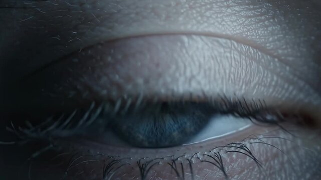 Extreme close-up of a human eye, the pupil naturally dilates and contracts under changing light, a soft window reflection glides across the iris