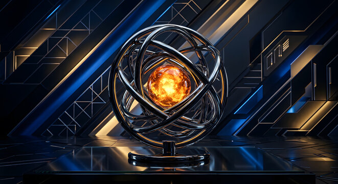 Futuristic chrome sphere sculpture with glowing orange core