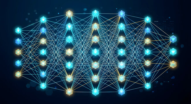 A complex neural network visualization with glowing nodes and connecting lines representing artificial intelligence data processing