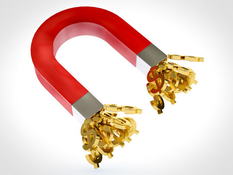 Red horseshoe magnet attracting golden dollar signs. 3D Rendering