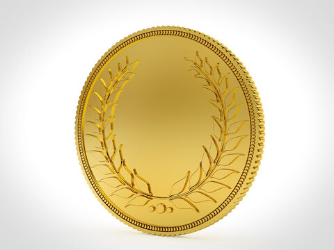 Blank gold coin with laurel wreath design isolated on white. 3D Rendering
