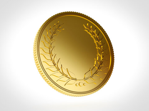 Blank gold coin with laurel wreath design isolated on white. 3D Rendering
