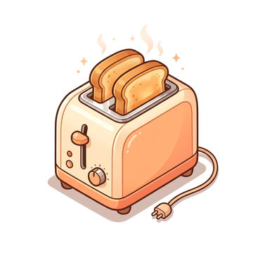 ​Isometric vector illustration of a retro toaster with two slices of warm toasted bread, isolated on a white background. Cute cartoon kitchen appliance for breakfast concept