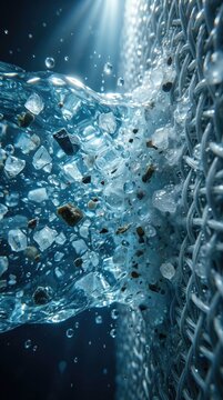 Reverse osmosis membrane, blocking mineral crystal and microplastic particulate, pressurizing raw seawater feed, purifying permeate stream, isolating solute via polymer mesh barrier.