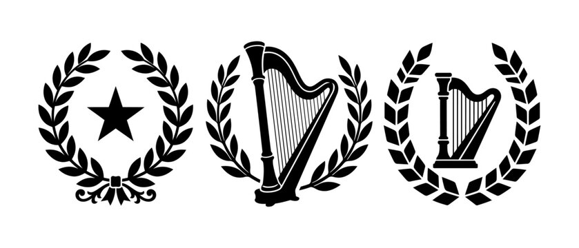 Black and white musical harp vector icon set with laurel wreath frames