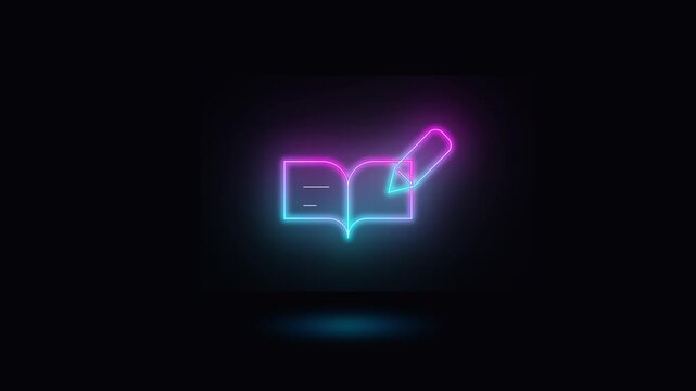 Neon Book and Pen Icon: An illuminated neon icon depicting an open book with a writing pen, glowing vibrantly against a dark background, symbolizing knowledge, education, and creativity.