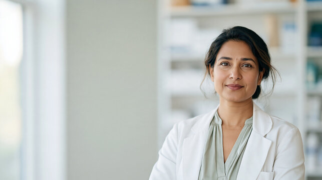 Confident middle-aged South Asian female doctor in white coat smiling in bright clinic with copy space on left