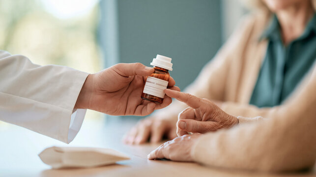 Close up of doctor hand giving prescription medicine bottle to senior patient at pharmacy with copy space on left