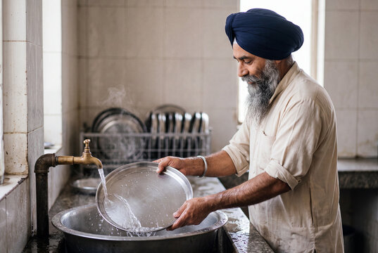 Senior South Asian man in navy turban washing steel plates at community kitchen sink, langar seva concept