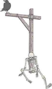 A medieval skeleton rests against a wooden gallows, while a raven watches ominously above.