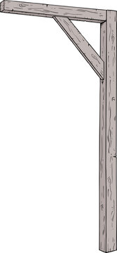 A medieval wooden beam joins a sturdy timber column, forming a traditional historical support structure draw