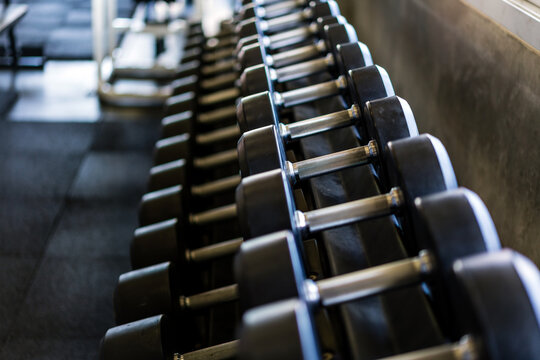 Dumbbells arranged on a rack in a gym